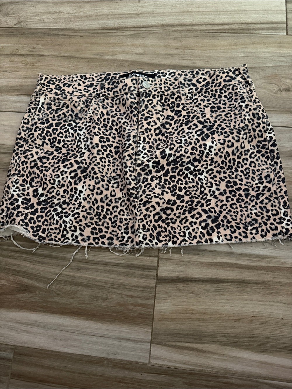 Express Leopard Print Denim straight Mini Skirt